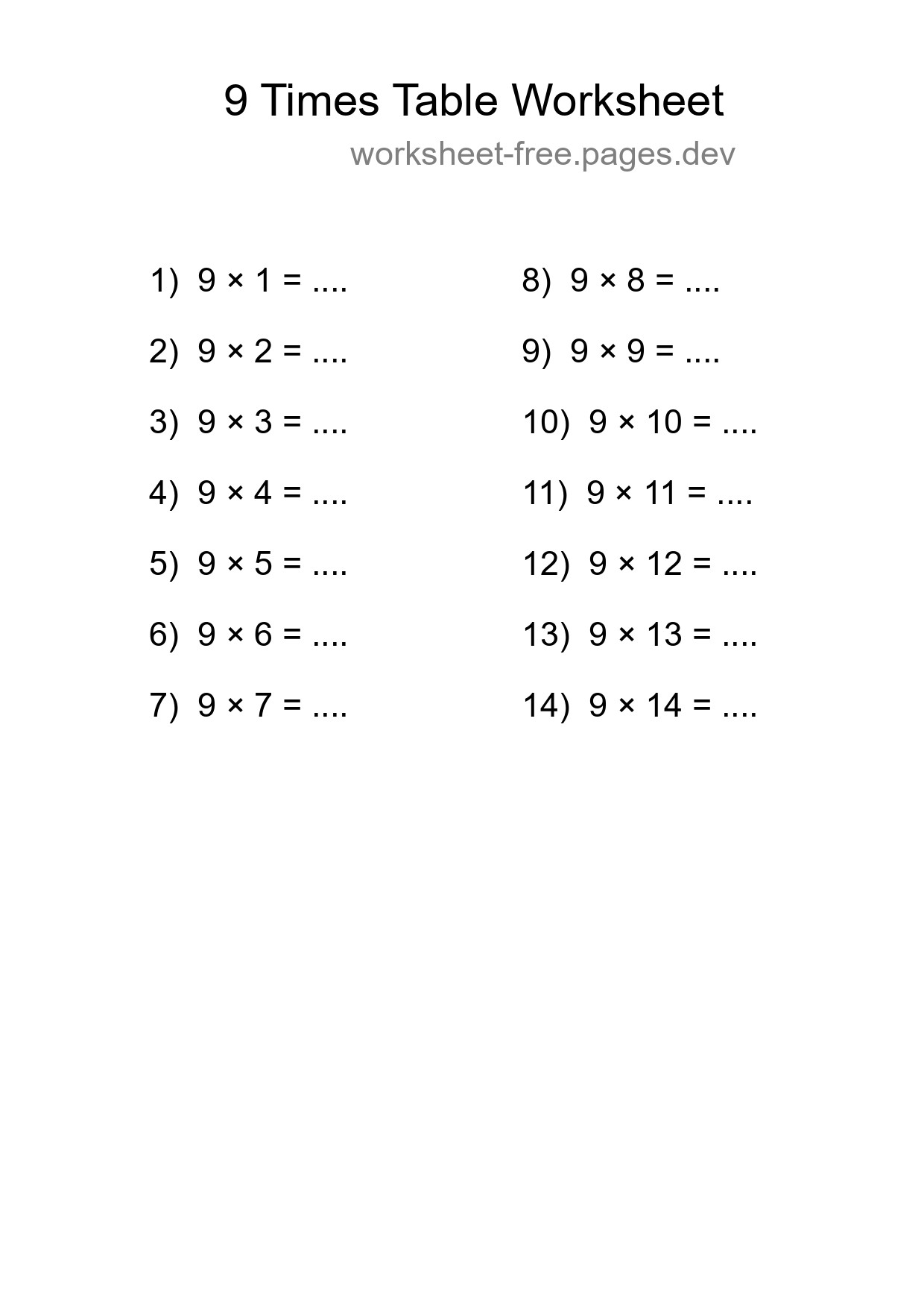 9 Times Table Worksheet For Grade 3 With Answers - Part 59