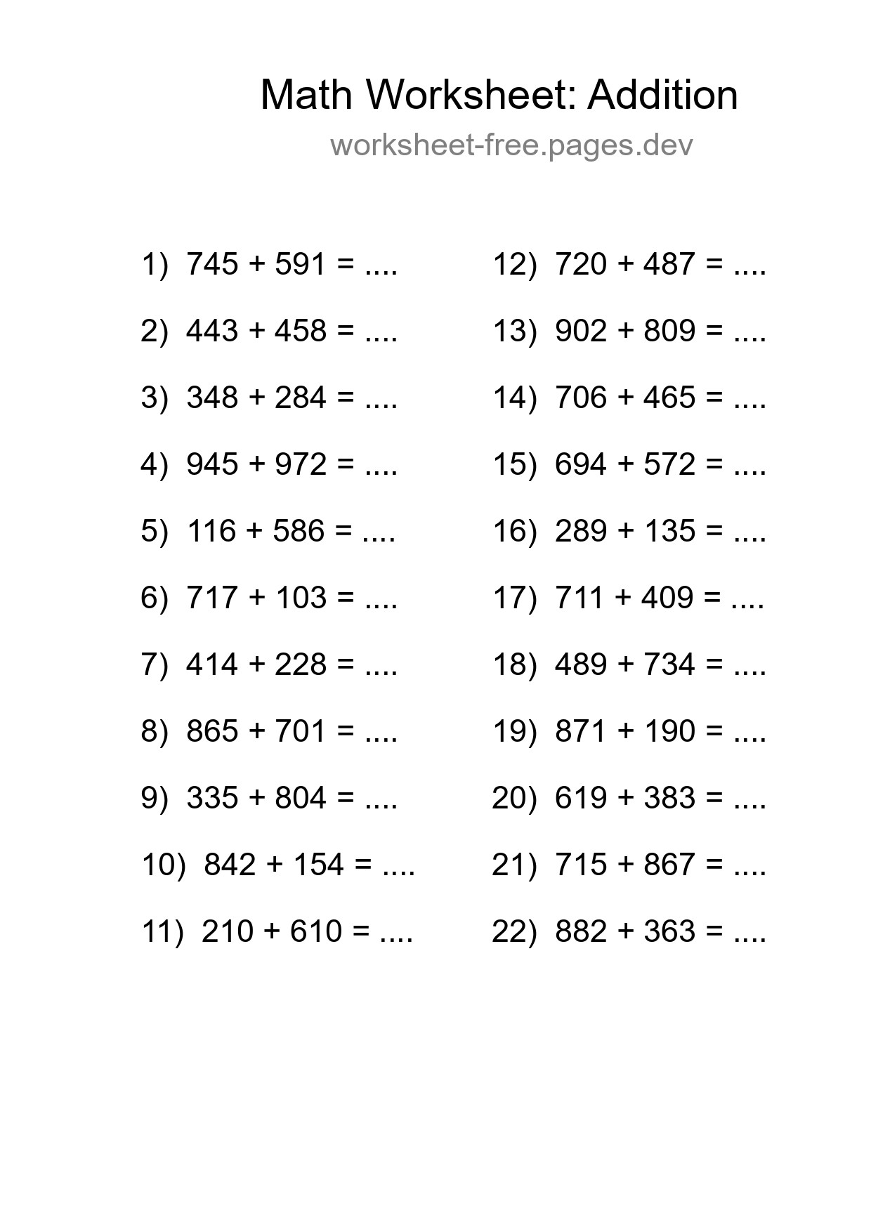 Grade 5 Addition Practice Worksheet (22 Problems) - Part 21