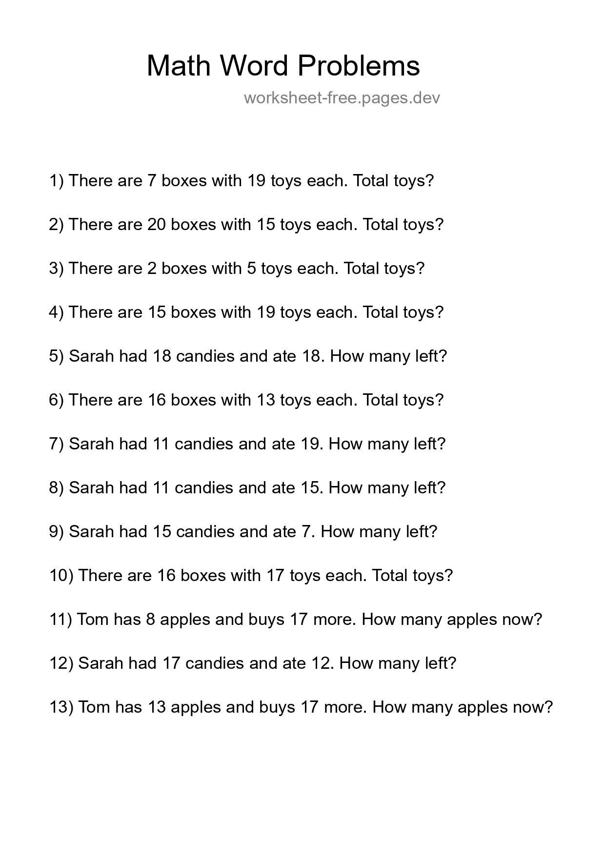 Math Word Problem Worksheet