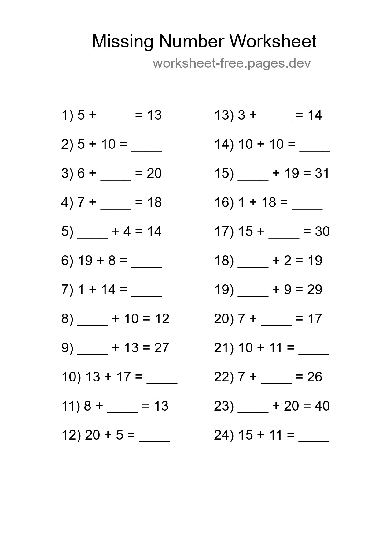 Missing Number Math Worksheet