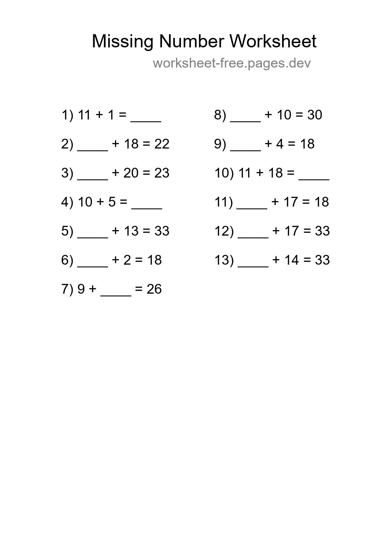 Missing Number Math Worksheet