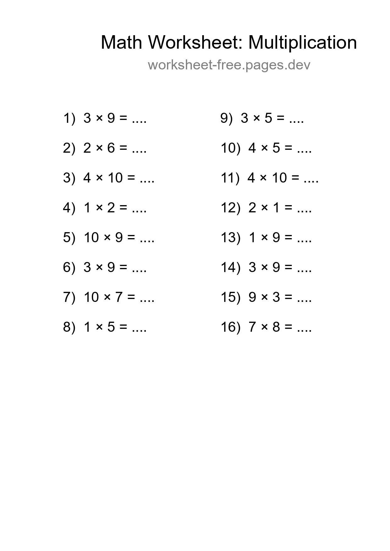 Printable Free 16 Multiplication Math Worksheet For Grade 1 - Part 57